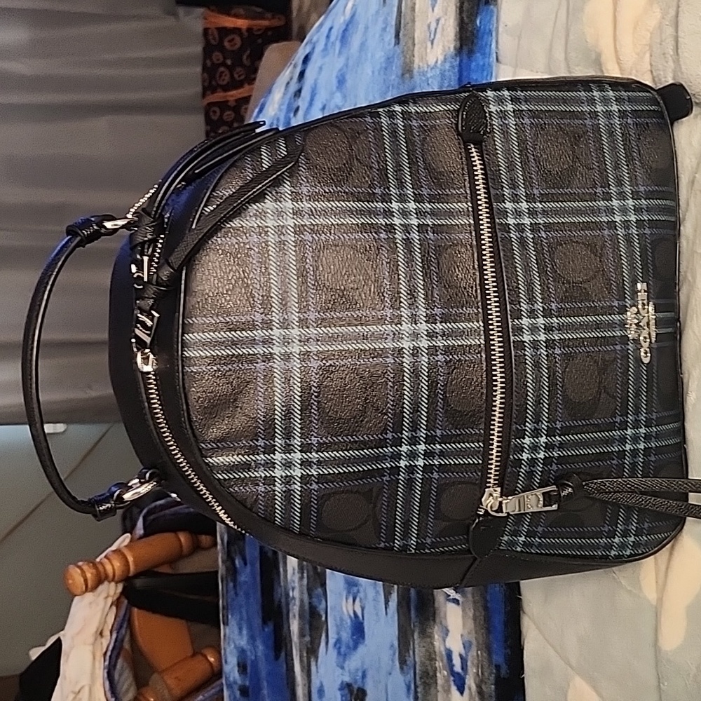 Coach Small Canvas Jordyn Backpack Plaid blue pattern